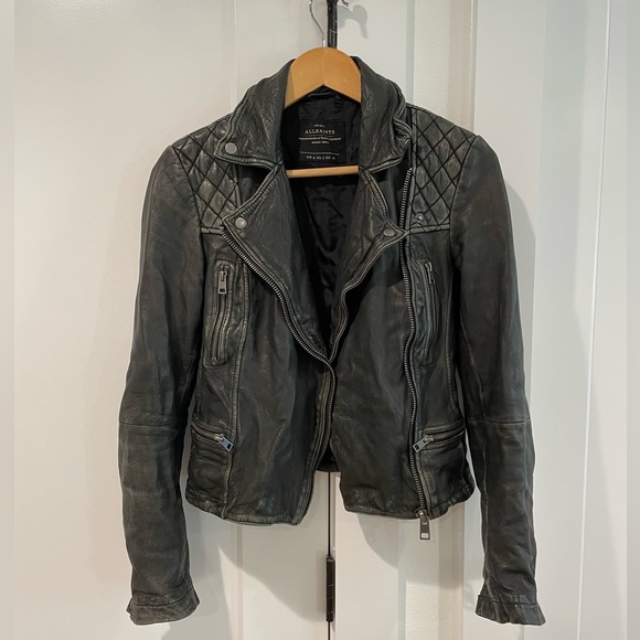 All Saints Cargo Biker Leather Jacket - Distressed Black Leather size 2 - Picture 2 of 13